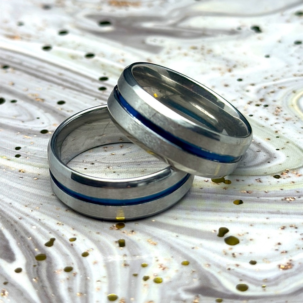 8mm Silver and Blue Stainless Steel Ring